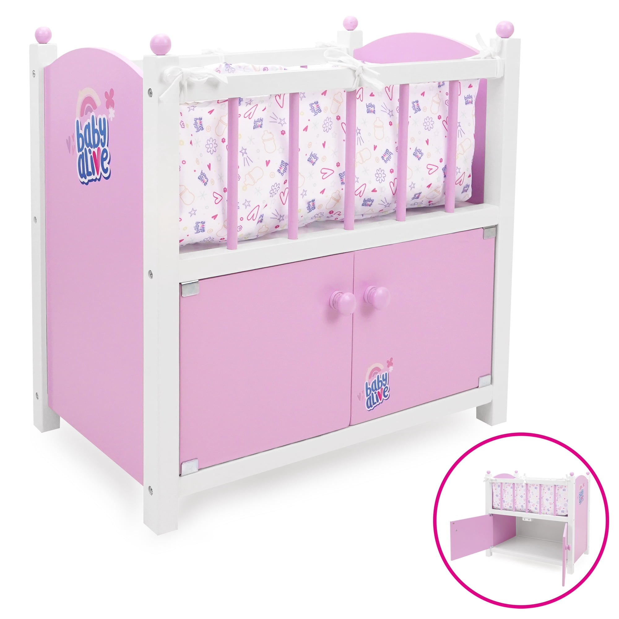 509 Crew: Baby Alive - 2-In-1 Wooden Doll Crib - Pink-White-Purple, Built-In Storage Cabinet, Pillow-Blanket, Doll-Plush Sleep Accessory Toy, Kids 3+