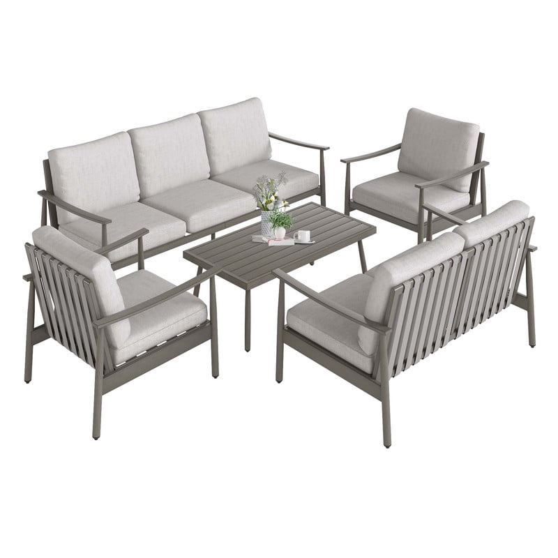 5 Piece Aluminum Patio Furniture Set, Outdoor Sectional Sofa with Coffee Table, Garden Conversation Set with Loveseat and 3-Seat Sofa