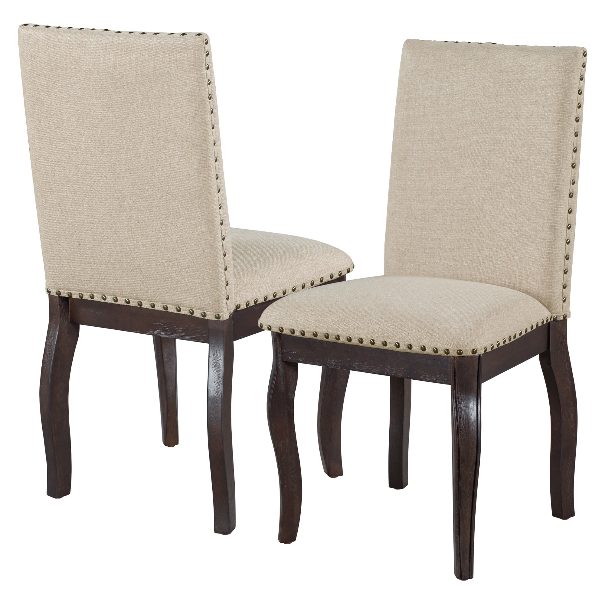 PORKISS Set of 2 Dining Chairs, High Back Upholstered Kitchen Chairs with Solid Wood Frame, Curved Legs and Bronze Nailhead Trim, Espresso Finish with White Fabric