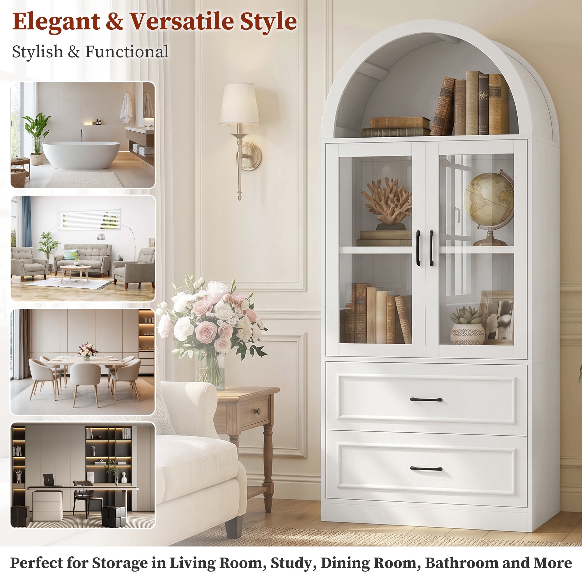 Arched Top Storage Cabinet with Tempered Glass Doors, Fixed 2-Tier Shelves, 2 Large Drawers, Soft Close Hinges & Exquisite Metal Handles, White