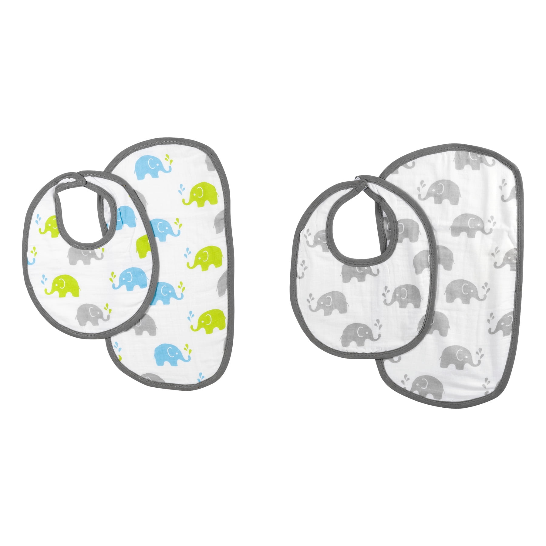 Bacati Muslin Burpies/Bibs, Elephants Aqua/Lime/Grey -  4 PC, 4.0 PIECE(S)