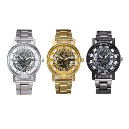 Unisex Alloy Fashionable Hollow Out Imitation Mechanical Quartz Watch with Leather Watchband