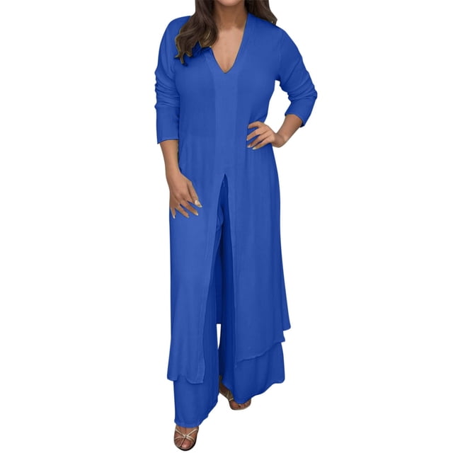 Conjunto de dos piezas de gasa para mujer talla grande: top de cuello en V y manga larga + pantalones, traje de playa, diseño con abertura, para primavera-verano