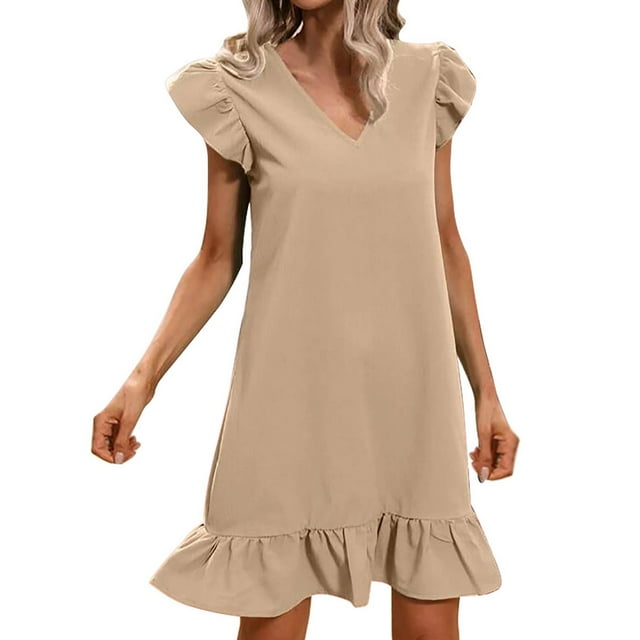 AherBiu Robe d'Été pour Femmes, Épaules à Volants, Col en V, Tenue de Plage, Vacances, Coupe Droite, Midi, Courte