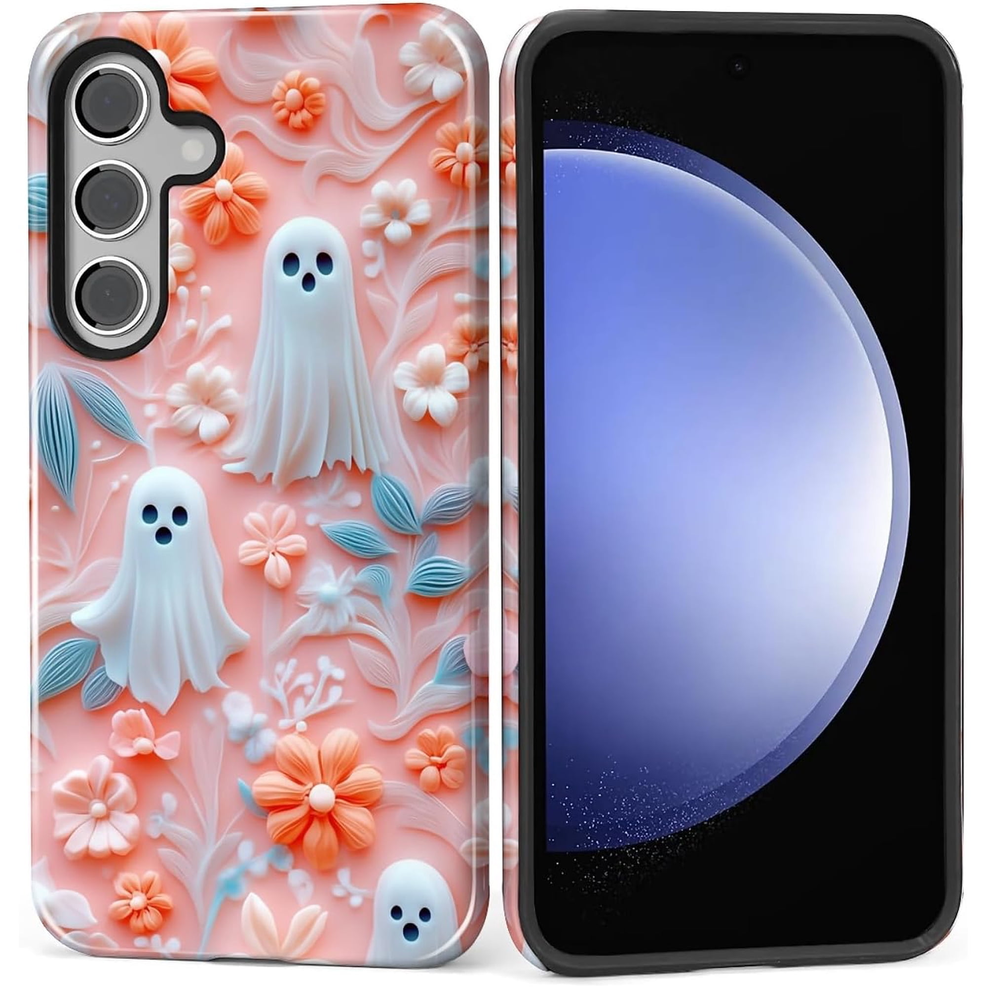 Case for Samsung Galaxy S26 Shockproof Hard Shell + Soft Silicone 2 in 1 Hybrid Shockproof Bumper Drop Protective- Halloween Pink Ghost Floral