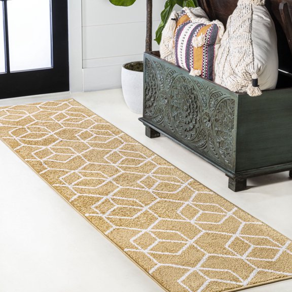 JONATHAN Y SUPERSOFT 2 x 8 Runner Rug, Tumbling Blocks Modern Geometric - Gold/White, SEU101E-28