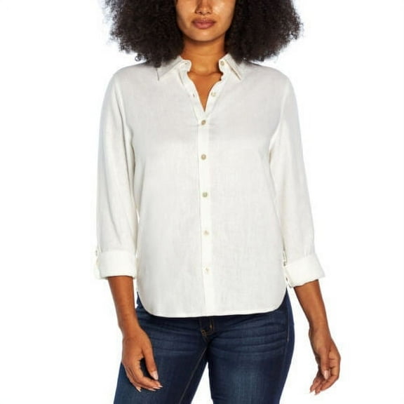 Orvis Women's Button Down Long Sleeve Linen Blend Top Shirt (Bright White, Small)