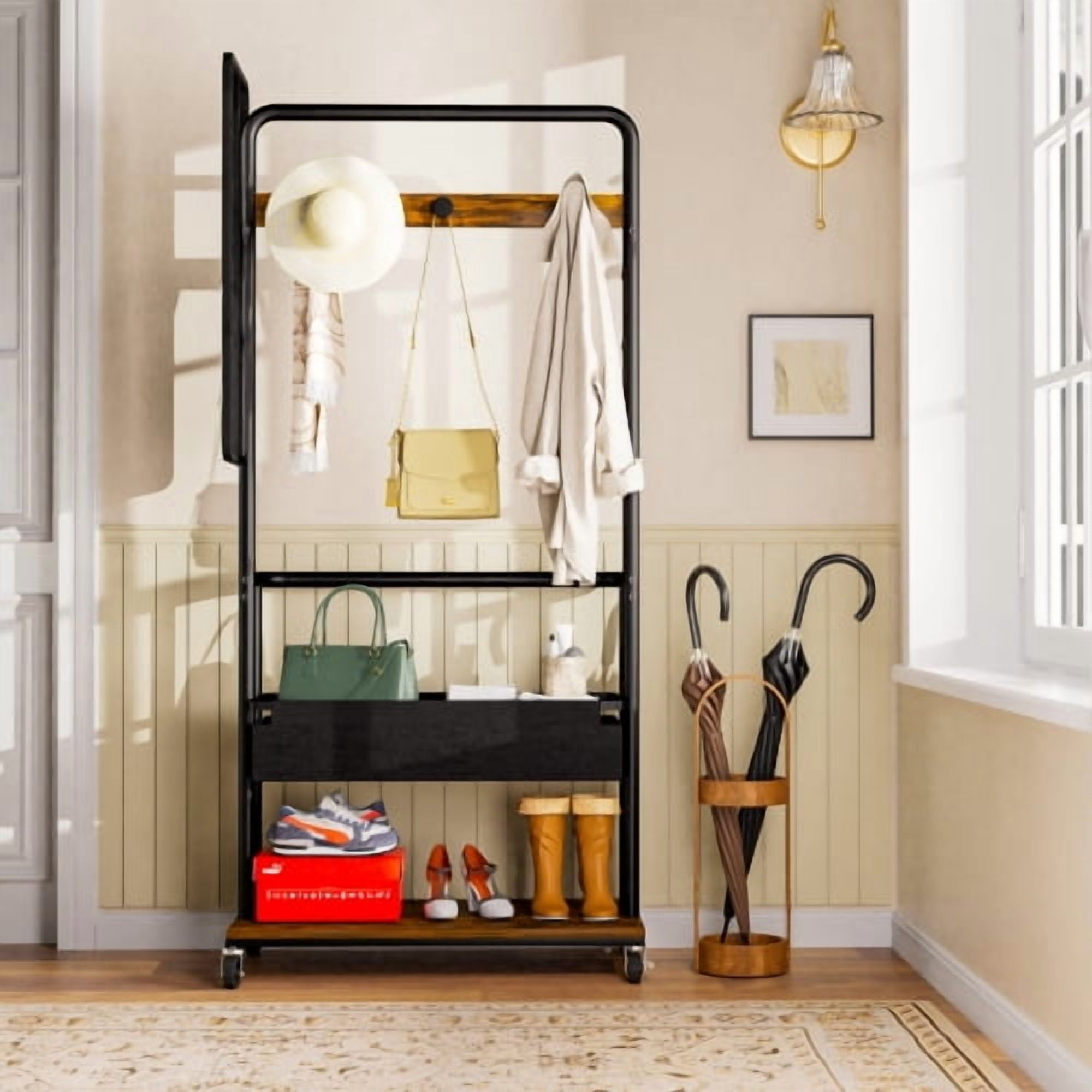 3-in-1 Metal Coat Rack with Casters, Rolling Garment Rack with Mirror & Storage Basket, Heavy Duty Hanging Clothes Rack on Wheels, Rustic Brown