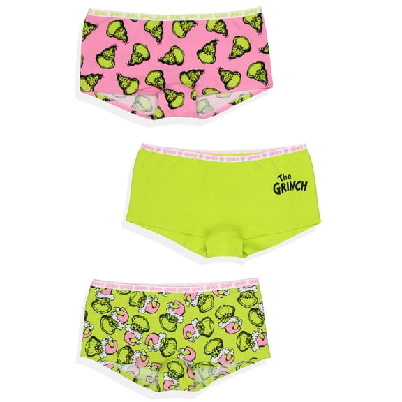 Dr Seuss The Grinch Women's 3-Pack Allover Character Designs Underwear Panties Pink Santa Boyshorts