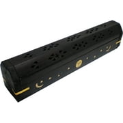 New Age Carved Coffin Brass Inlay Ash Catcher Incense Stick & Cone Holder [Black - 12"]