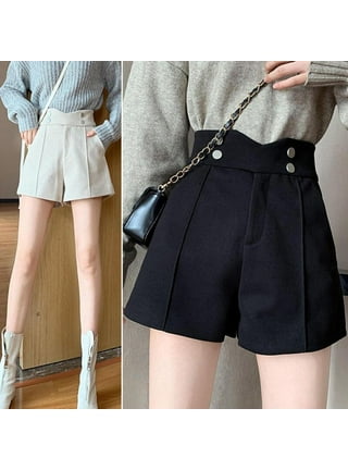 Autumn Winter High Waist Wide Leg Woolen Shorts Women Warm Shorts with Belt  A-line Short (Black XXL) : : Clothing, Shoes & Accessories