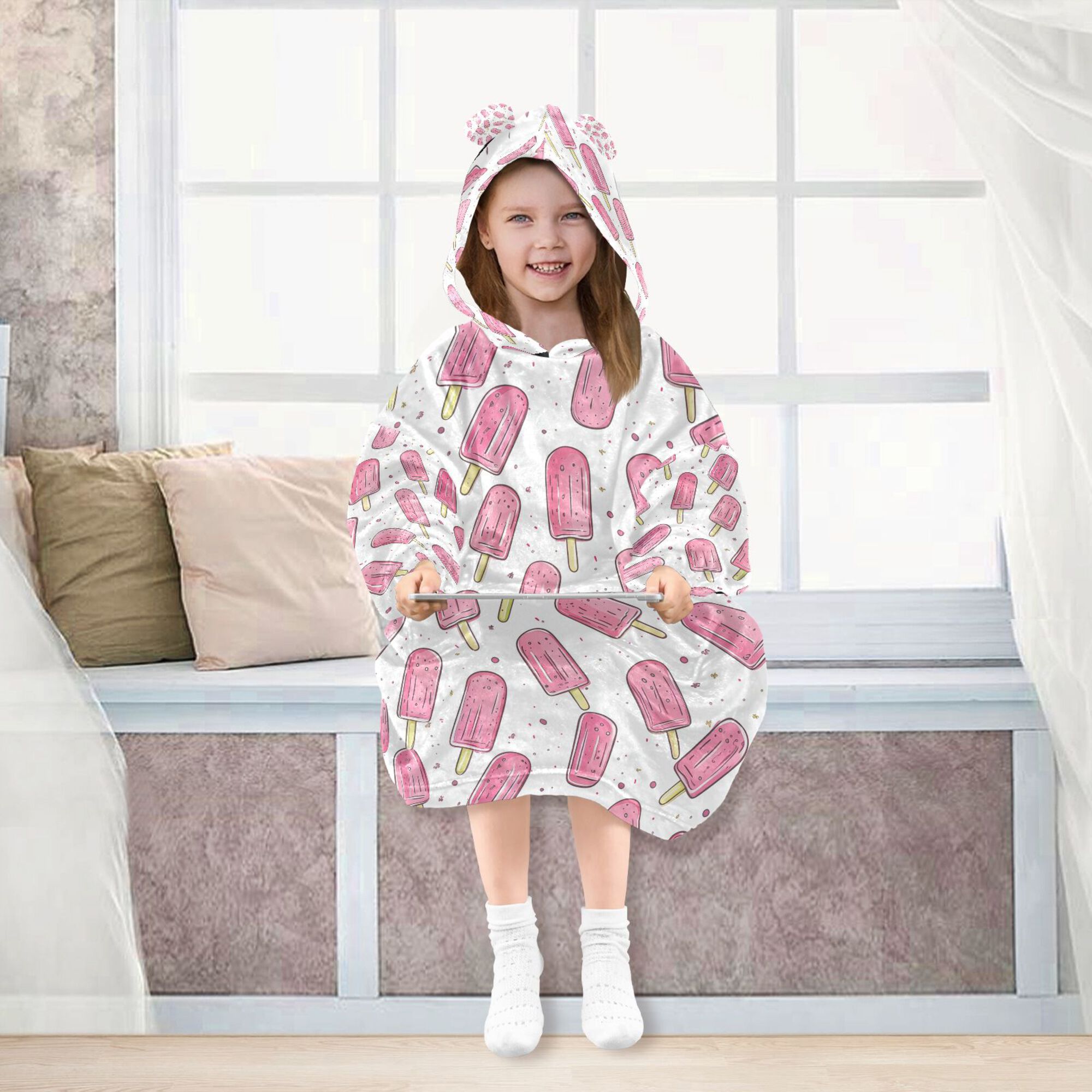 FORMRS Wearable Blanket Hoodie with Sleeves for Kids Cozy Flannel Sweatshirt, Pink Popsicle Pattern