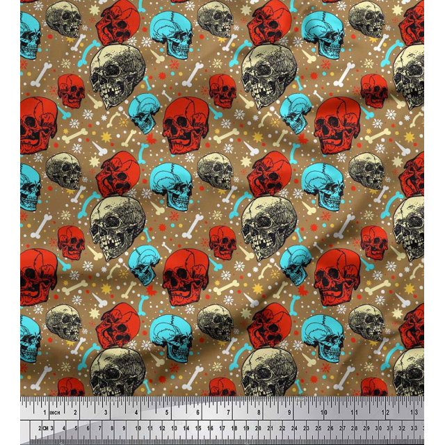 Soimoi Poly Georgette Fabric Bone,Floral & Skull Halloween Fabric Prints by Yard 52 Inch Wide