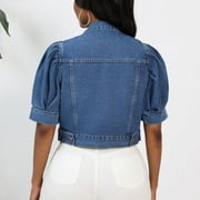 Brilliant Denim Jackets for Women Short Sleeve Jean Jacket Spring 2025 Women Casual Button Solid Short Sleeve Tops Jacket Coat Blue XL