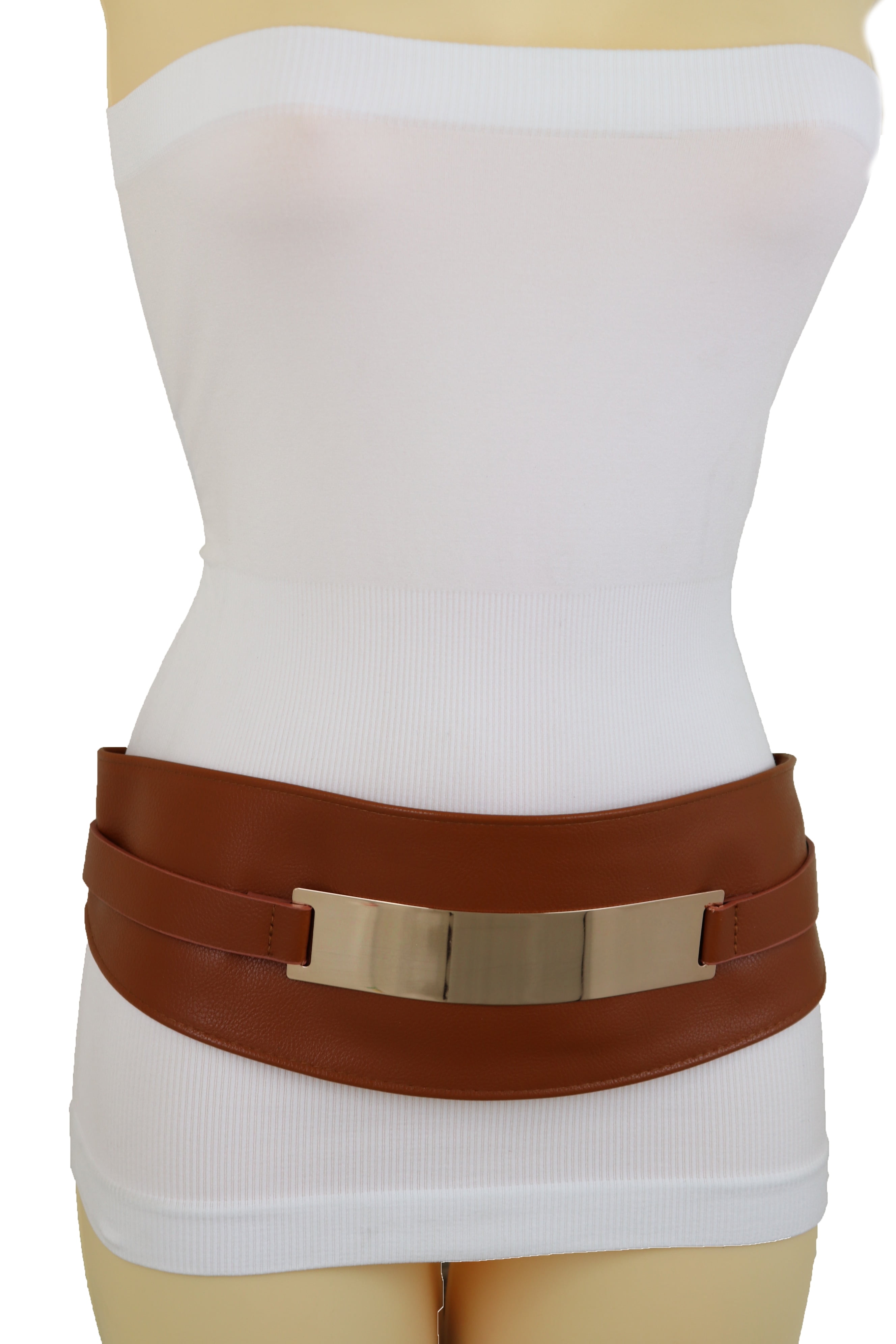 WOMEN WAIST HIP BROWN ELASTIC FASHION BELT SQUARES GOLD BUCKLE WIDE BAND XS S M 
