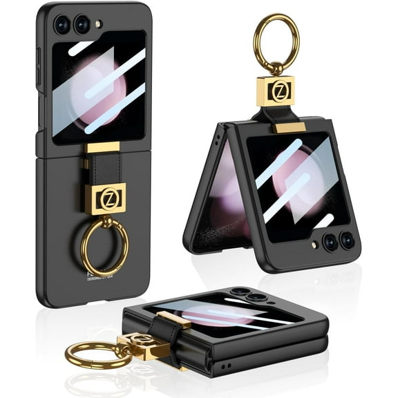 Compatible Samsung Z Flip 5 Case with Ring Stand, Ultra-Thin Cover Built-in Camera Lens Screen Protector Shockproof Phone Case for Samsung Galaxy Z Flip 5 Case, Black