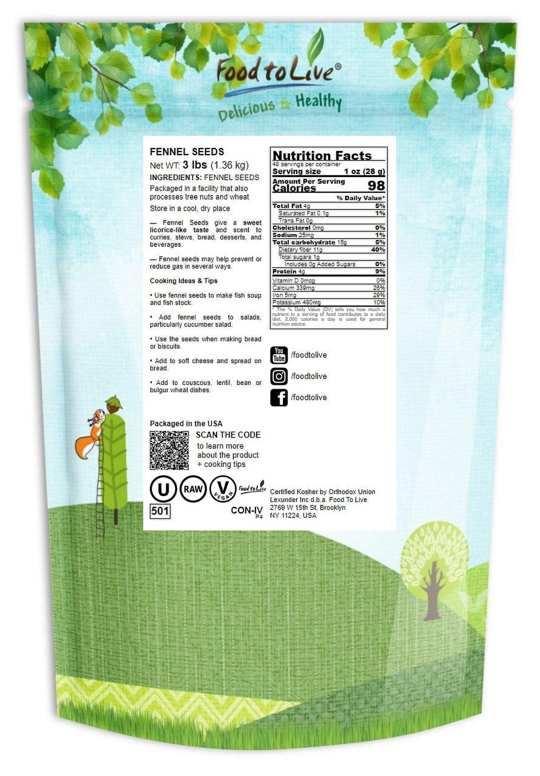 Fennel Seeds, Non-GMO Verified, 3 Pounds — Kosher, Vegan, Raw — by Food to Live