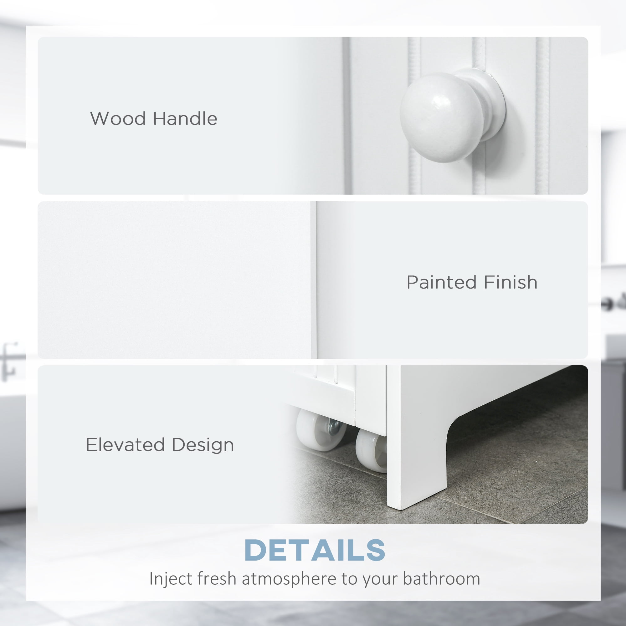 HOQBN Slim Bathroom Cabinet, Freestanding Storage Cabinet, Toilet Paper Holder with 2 Drawers, Side Towel Rack and Wheels, White