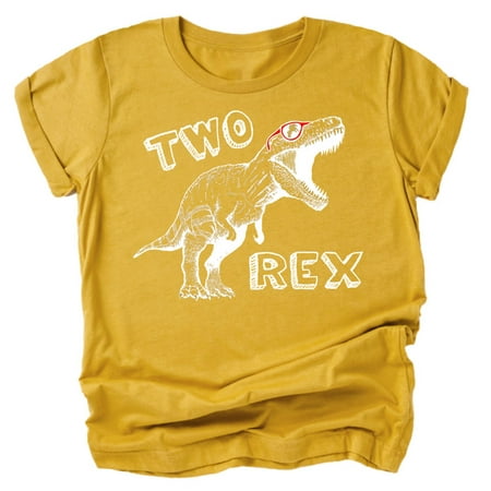 

Olive Loves Apple Two Rex Dinosaur 2nd Birthday T-Shirts for Baby Girls and Boys Second Birthday Outfit White on Mustard Shirt 3T