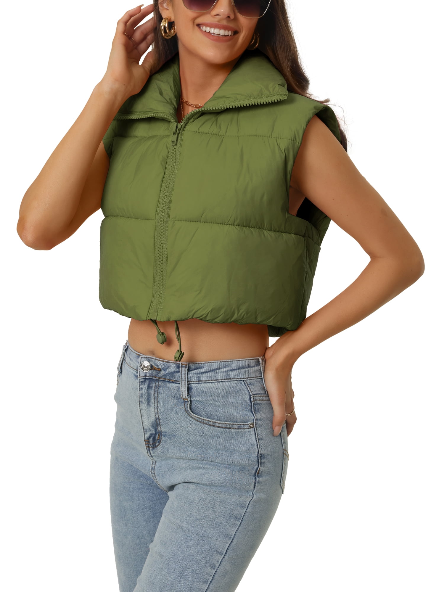 Unique Bargains Women's Padded Vest High Stand Collar Zip Crop Fashion Jacket Puffer Vests M Army Green