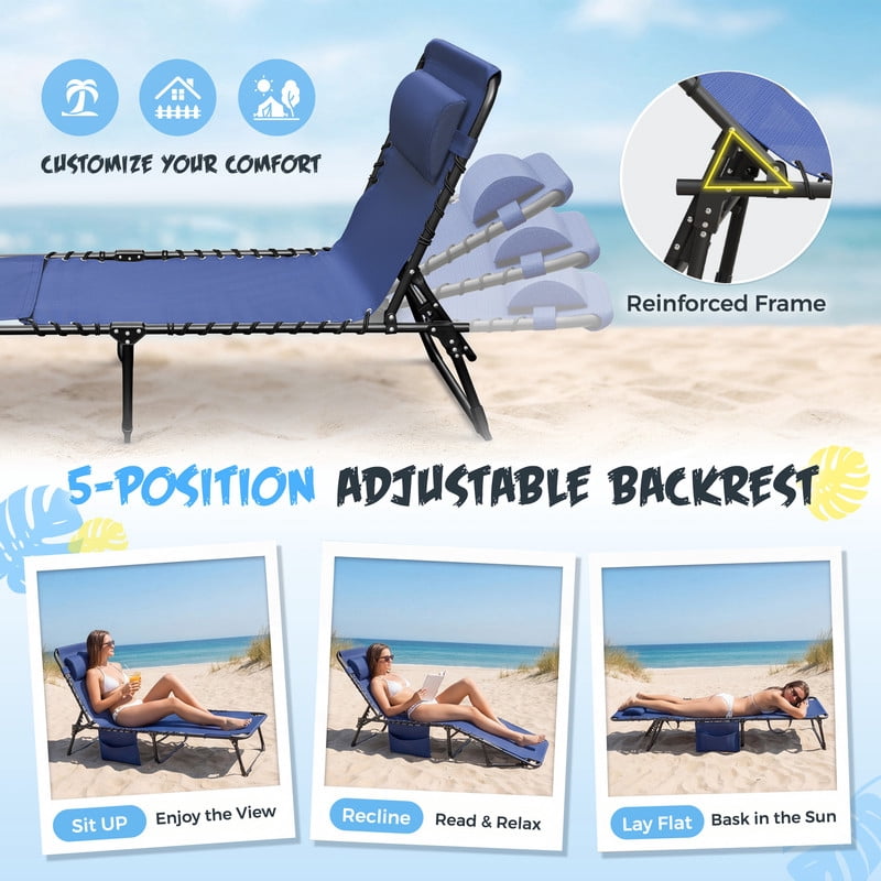 Lacoo Teslin Foldable Lounge Chair, Outdoor Chaise Lounge with Sauna, 5-Position Adjustable Beach Chair, Blue