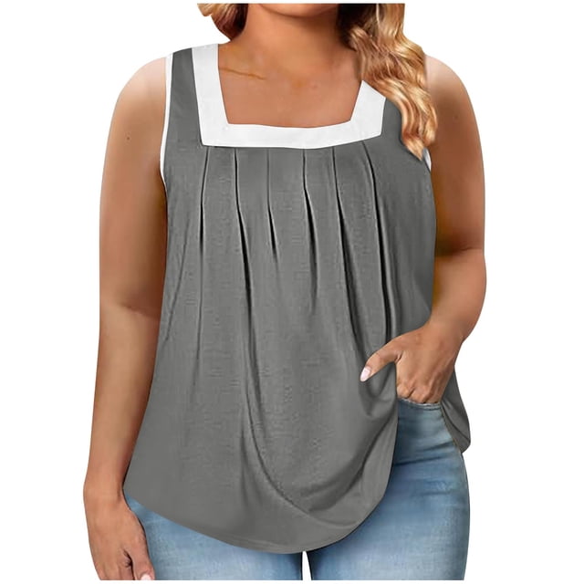 Timegard Débardeurs Grande Taille pour Femmes Col Carré Plissé Sans Manches Chemises Décontractées Confortables
