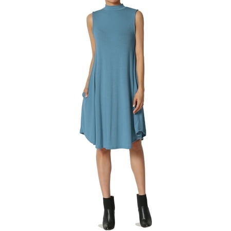 Mock Wrap Jersey Dress - TheMogan Women's Sleeveless Mock Neck Jersey Fit & Flare A-Line Midi Dress W Pocket
