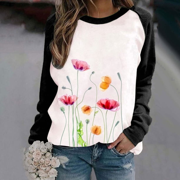 ICHUANYI Clearance Fashion Women's Spring Fall Patchwork Printed Long Sleeves Round Neck Casual Tee Tops ICHUANYI "ICHUANYI"