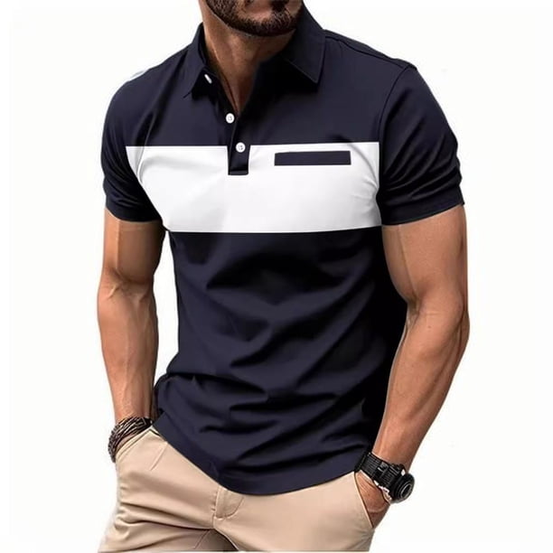 Camisetas de Manga Larga para Hombres Botón Sólido Suelto Camiseta Solapa Manga Corta Superior, Blusa de Moda Casual