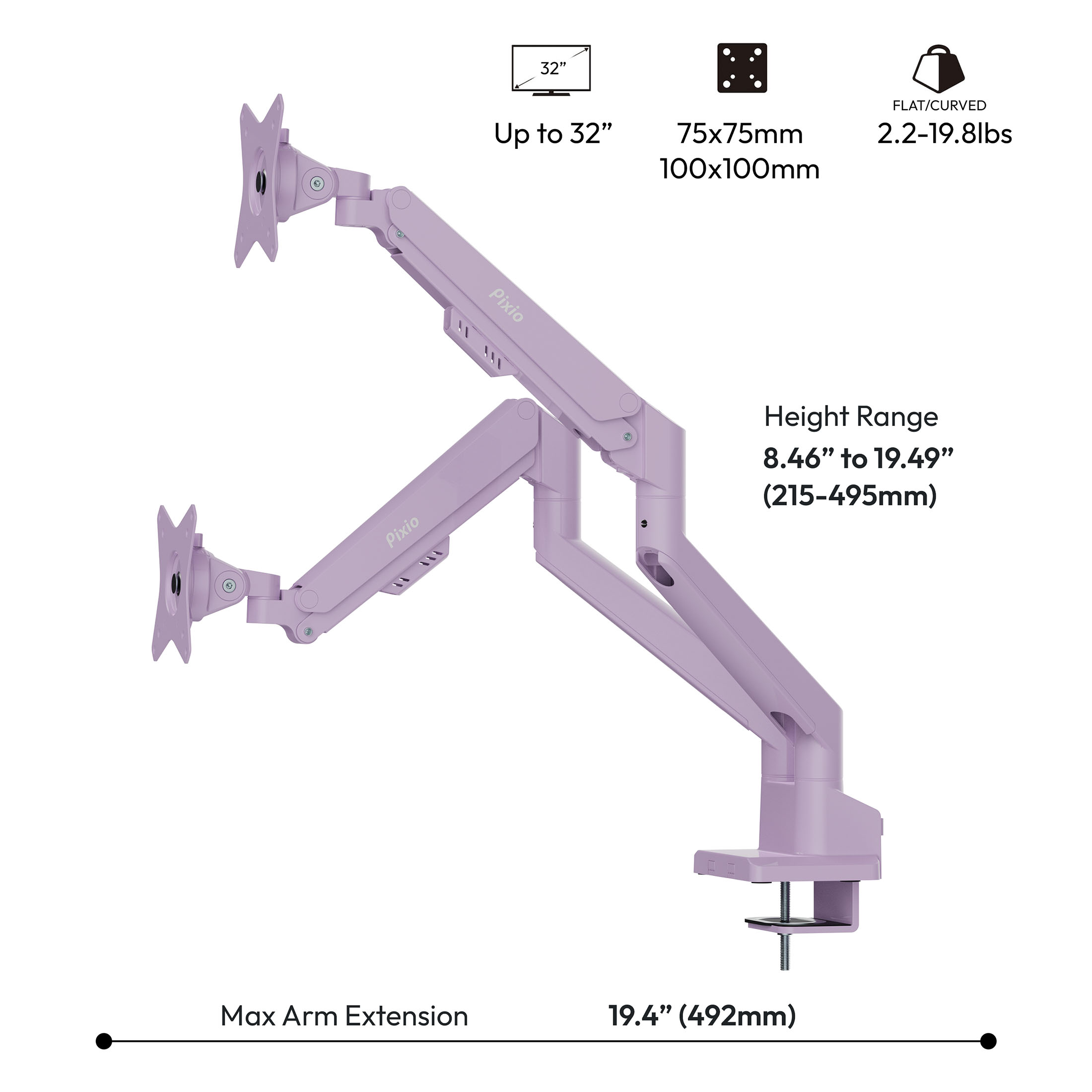 Pixio PS1D Wave Purple Dual Monitor Arm Stand Desk Mount - Fits up to 32 inches Monitors and up to 19.8lbs. VESA Compatibility and Integrated Cable Management