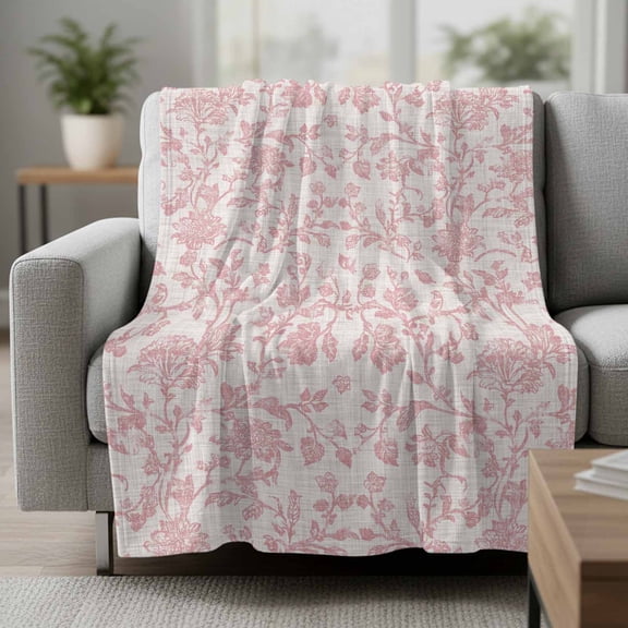 Fleece Blanket Vintage Farmhouse Pink Flower on Linen Blankets,Soft Cozy Warm Flannel Throw Blanket,Spring Botanical Blanket for Bed Couch Sofa 50x60in