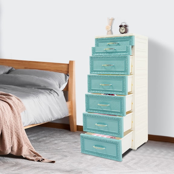 Blue PP 100x38x32cm Six-Story Embossed Lockers With Wheels Chest Of Drawers Simple Storage Cabinet