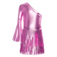 thumbnail image 5 of TiaoBug Kids Girls Latin Dance Outfit Shiny Metallic Fringe Dress One Shoulder Top with Tassels Skirts Set Pink 6, 5 of 7