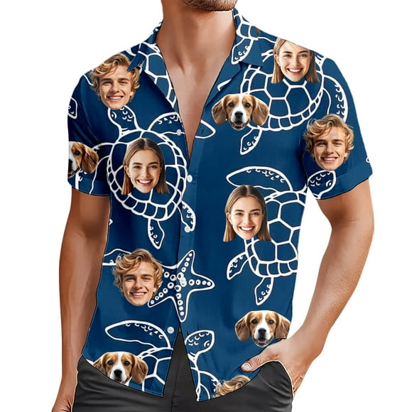 Ediodpoh Men's Casual Summer Shirt with Turtle Print Cuban Collar Button Down for Home Beach Outdoor Shirts for Men Navy XL
