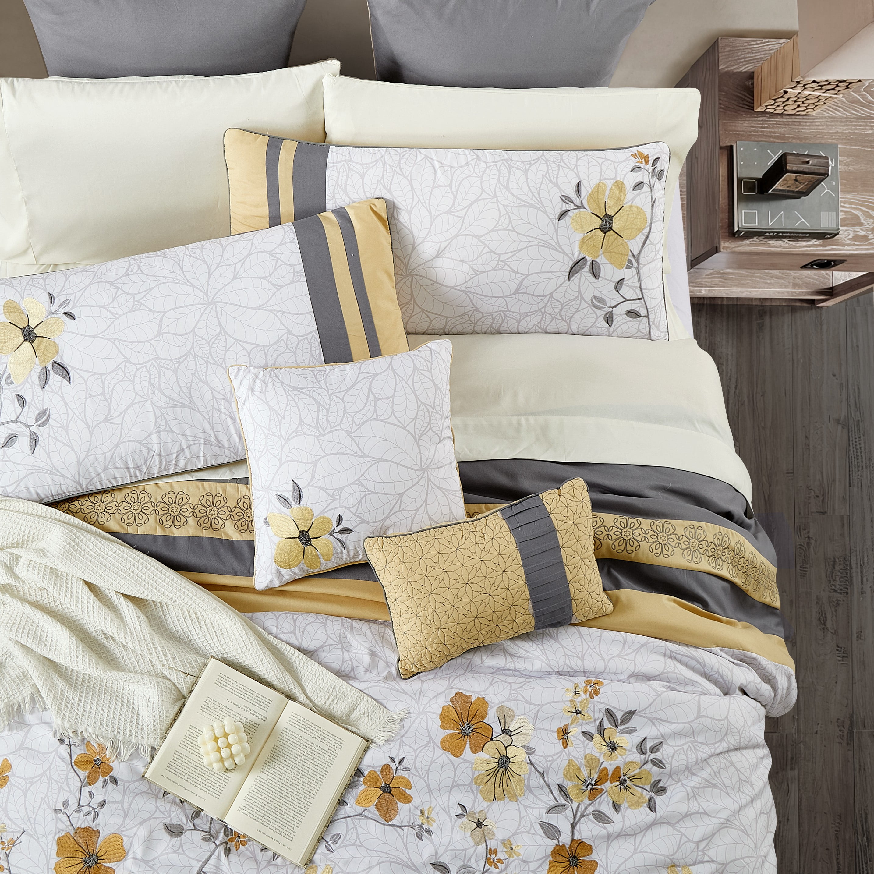 Lanco Tulip Floral Bed in a Bag 12-Piece Bedding Comforter Set, Yellow Gray, Bed Size King, 100% Polyester Fill