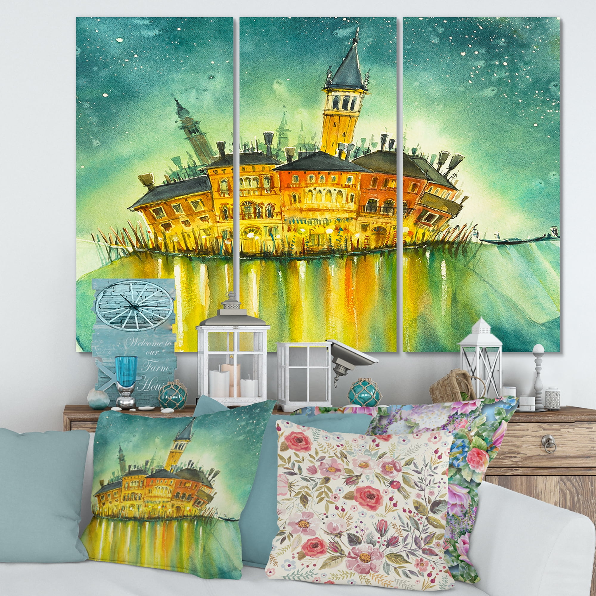Portrait of Idyllic Island of Venice At Night 28 in x 36 in Painting Canvas Art Print, by Designart