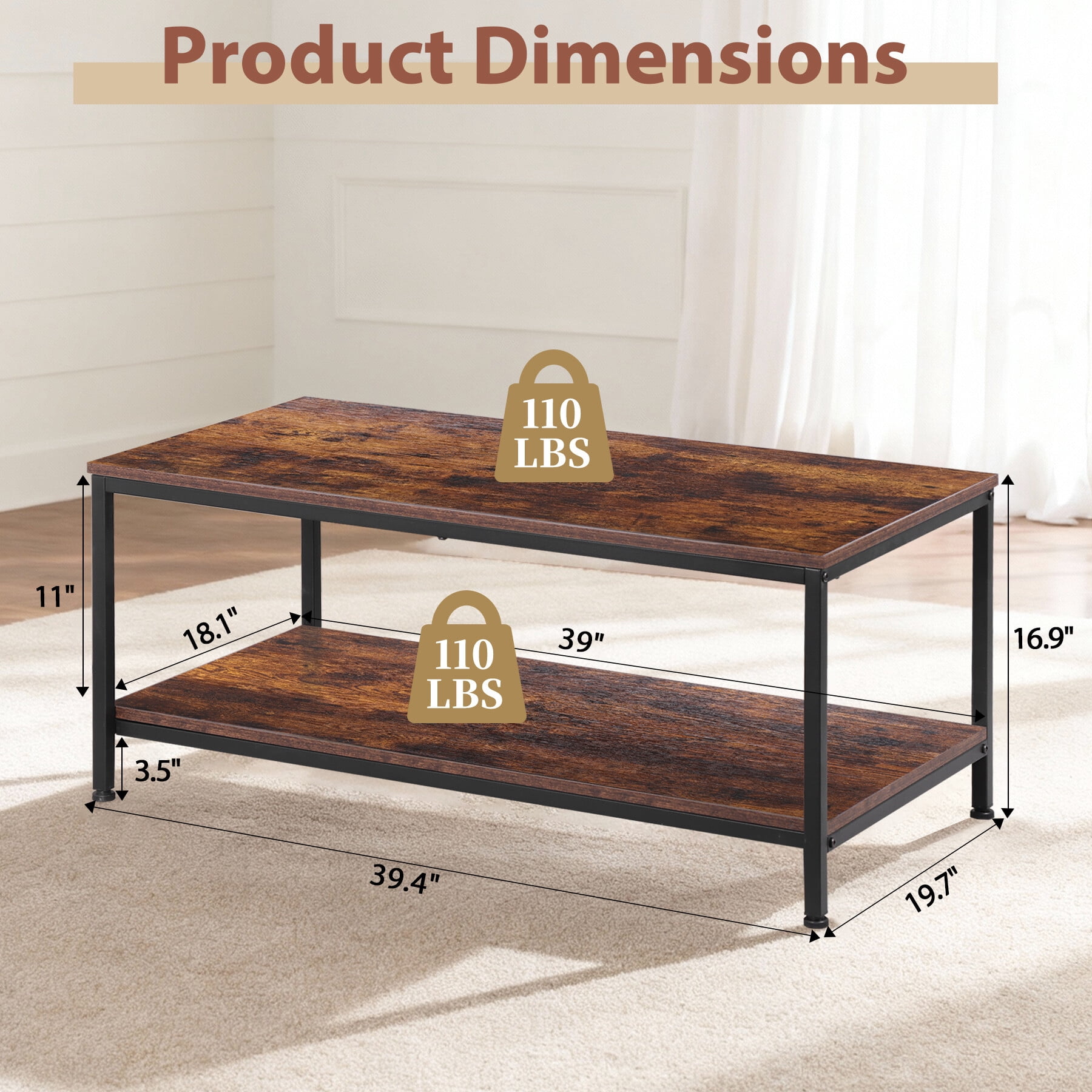 ZENY Modern Rectangle 2-Tier Coffee Table for Living Room Wood Frame, Brown