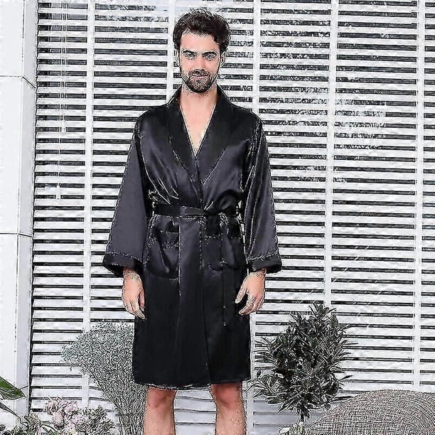 Mens Satin Silk Luxury Pajamas Kimono Bathrobe Robe Dressing Gown Pjs Loungewear DMW