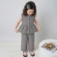 thumbnail image 5 of hoksml Girls Checkered 2-Piece Outfit Sleeveless Ruffle Top and Wide Leg Pants Set with Bow Embroidery, 5 of 6