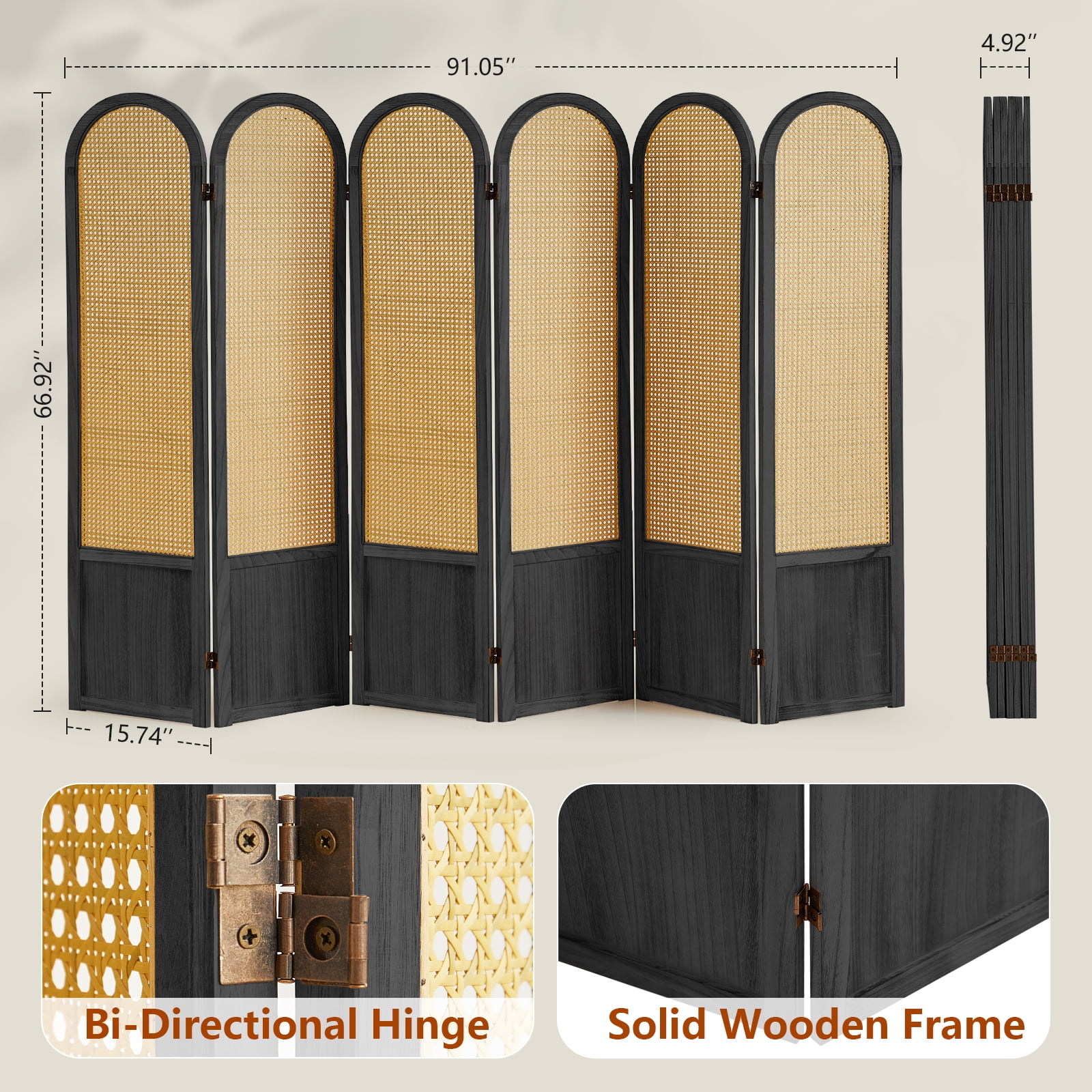 Aletheiawu 6 Panel Rattan Room Divider and Folding Privacy Screens, No Installation Required, Black