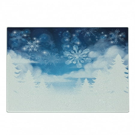 

Winter Cutting Board Christmas Trees Setting with Snowflakes and Stars New Year Graphic Image Decorative Tempered Glass Cutting and Serving Board Small Size Blue White by Ambesonne