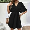 thumbnail image 2 of ZQUUVOU Women's Casual Solid Color Dress Double-Layer Chiffon Waist Cinched Short Sleeved V-Neck Dress Black, 2 of 7
