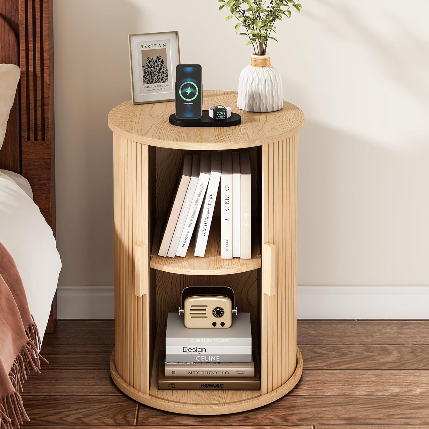 Round Fluted End Table Set of 2, NEORIVER Tall Side Table with Sliding Tambour Door and Adjustable Storage Shelf, Modern Bedside Table, Nightstand for Living Room, Bedroom