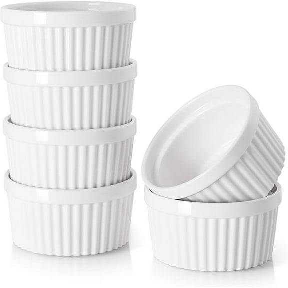 "Ramekins 4 oz Oven Safe Porcelain Custard Cups for Creme Brulee Souffle Baking, Small Bowls Dipping Sauce Dish Classic Style Soft White Set of6