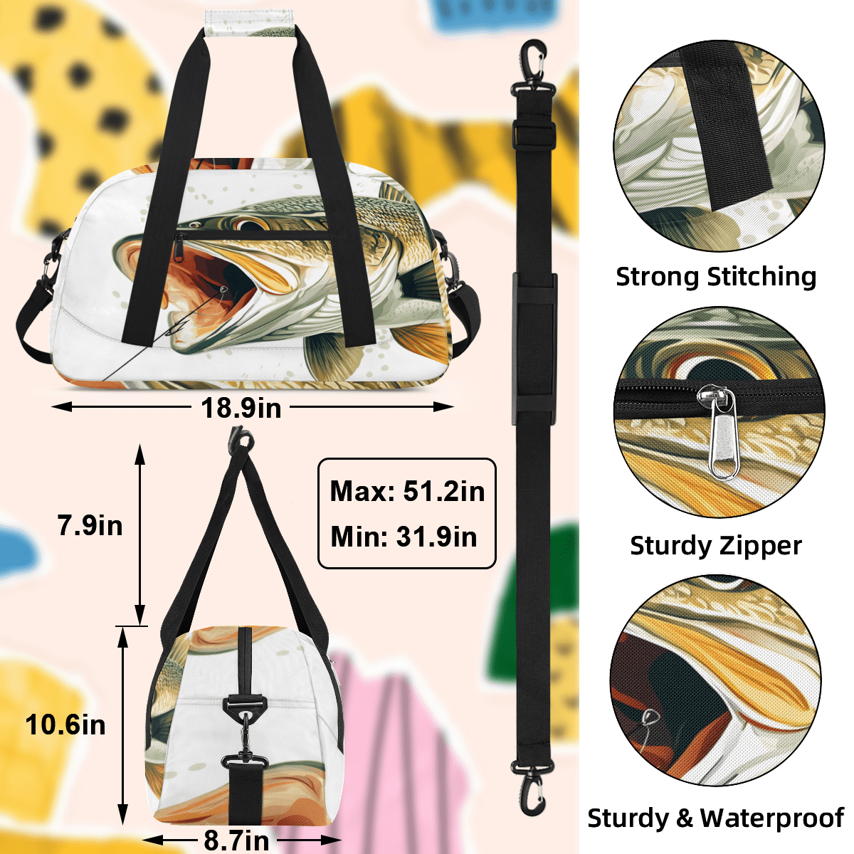 Herdesigns Fish Sports Duffle Bags Travel Duffle Bag Gym Bag Funny Fishes Weekender Travel Bag Waterproof Overnight Bag Carry On Travel Tote Bag Dance Bags