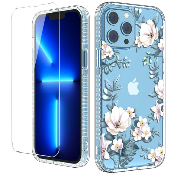 NIFFPD iPhone 13 Pro Max with Screen Protector Clear Flower Soft & Flexible Shockproof Cover iPhone 13 Pro Max Case for Women Cute Magnolia White