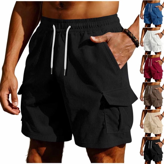 Hvogkswy Men's Cargo Shorts Summer Casual Solid Straight Drawstring Cargo Pants Elastic Waist Multi Pockets Loose Fitted Outdoor Hiking Shorts