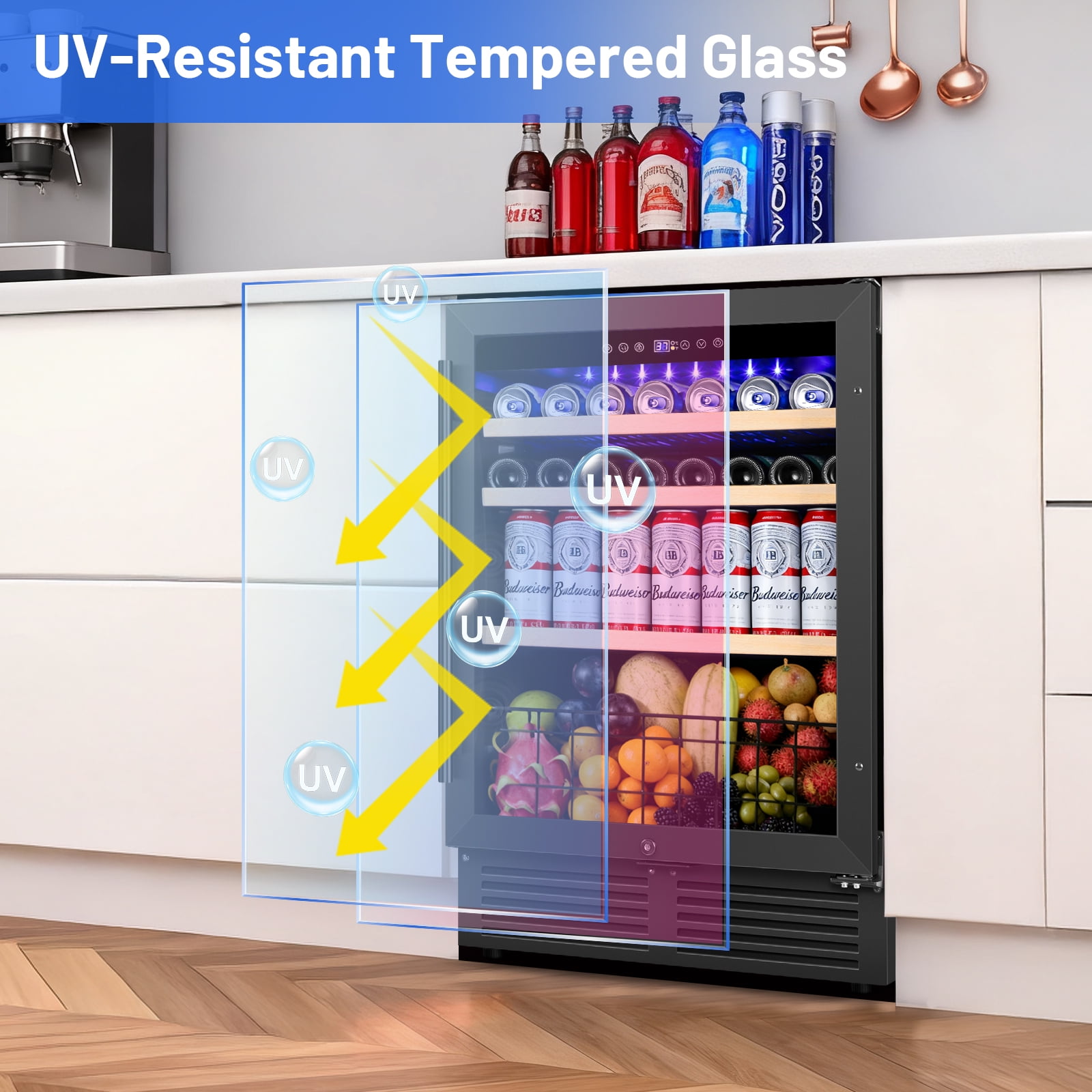24" Beverage Refrigerator 180 Cans Beverage Cooler Reversible Door Recessed Black Beer Fridge With 1 Basket