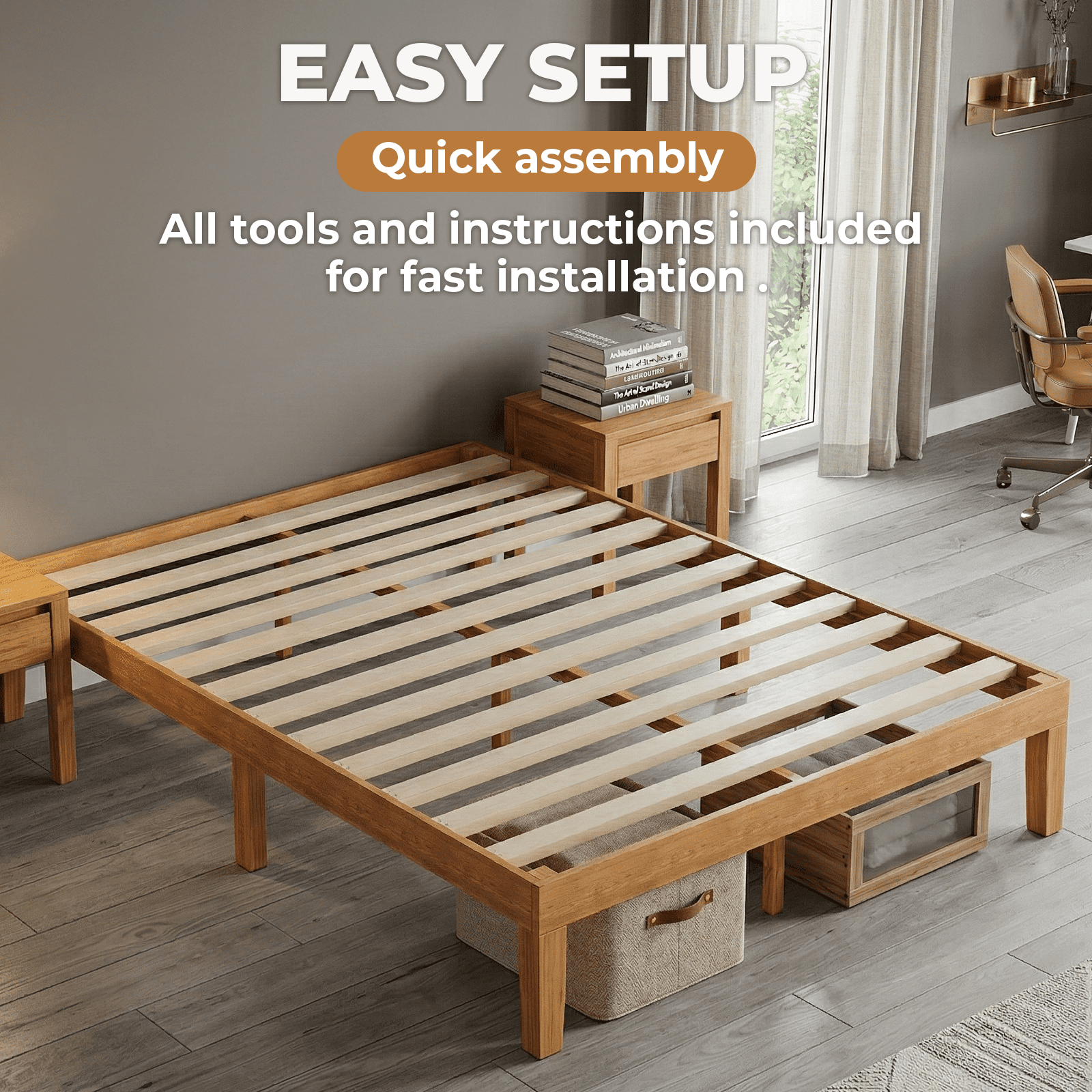 Alvantor Solid Wood Platform Bed Frame, Natural Pine, No Box Spring Needed, Underbed Storage – Twin, Full, Queen, King