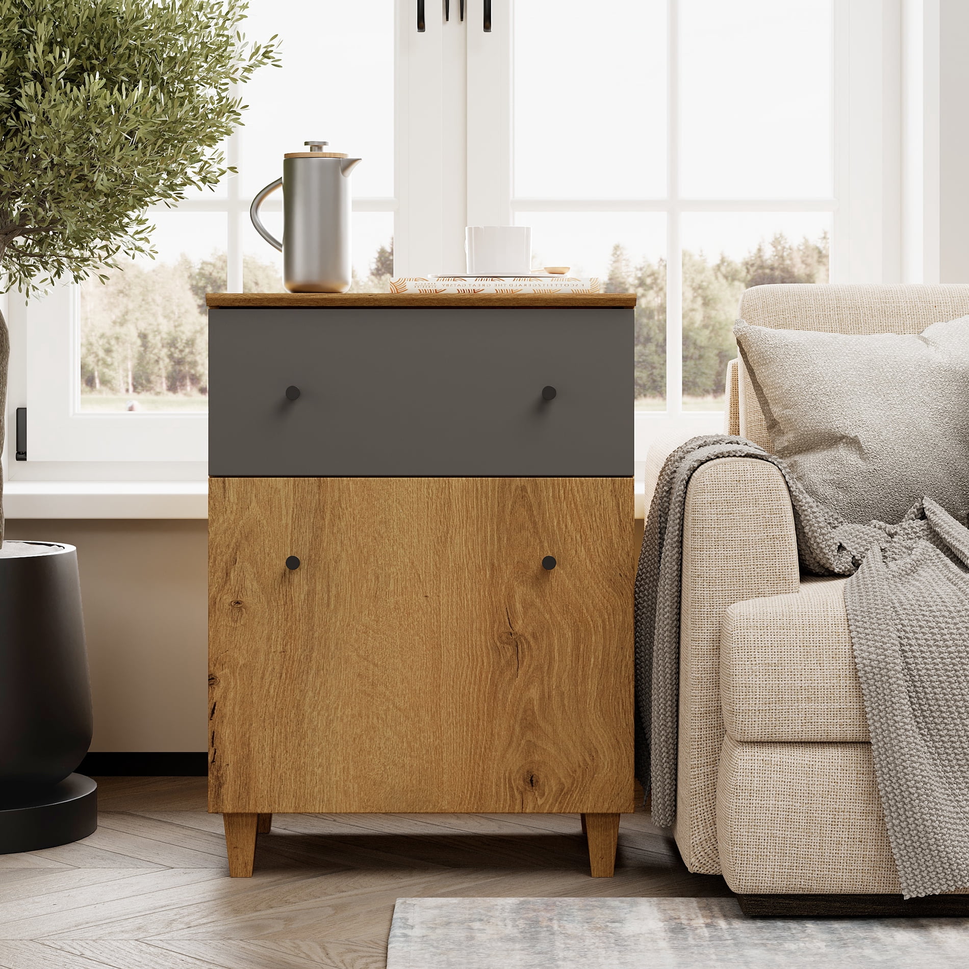 Modern End Table with Drawer and Cabinet, Large Side Table with Adjustable Storage Shelf, Wooden Nightstand for Living Room, Oak Brown
